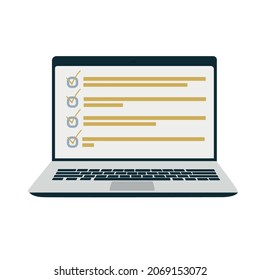 Laptop with a list of completed plans on the screen. Vector illustration
