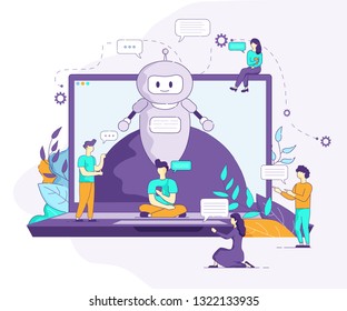 Laptop with Little Men Vector Flat Illustration. On Screen Gadget Chat Bot Artificial Intelligence Supports Communication of People. Young Guy with Smartphone and Girl Sending Message Social Network.