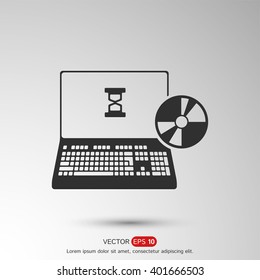 Laptop load a CD. EPS 10 Flat Icon. Vector Illustration.