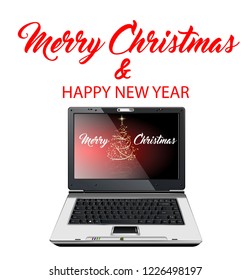 Laptop loading Christmas app. Christmas card with wishes