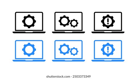 Laptop loading set icons. Silhouette and flat style. Vector icons.