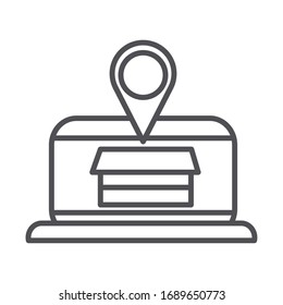 Laptop location destination.  Cardboard box cargo shipping related delivery vector illustration line style icon