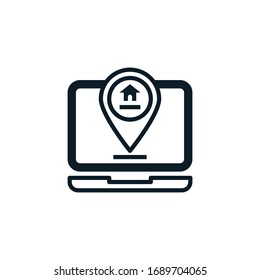 Laptop with location icon. Work at home outline icon. Vector illustration. Editable stroke. Isolated icon suitable for web, infographics, interface and apps.