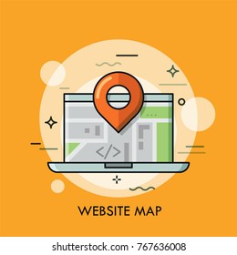 Laptop and location mark. Concept of global and local online interactive map, road navigation, travel or touristic guide service. Modern colorful vector illustration for banner, poster, website.