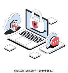 Laptop Lock, Cloud Shield Security, Chat Bubble Smartphone Screen. Vector 3d Line Isometric, Color Web Icons, New Flat Style. Creative Design Idea For Infographics.