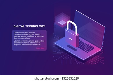 Laptop with lock, computer security isometric icon, data protection, safety in internet, protection personal information, blockchain technology, encryption file ultraviolet vector