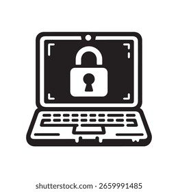 Laptop with Lock Icon Vector Black and White