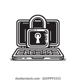 Laptop with Lock Icon Vector Black and White