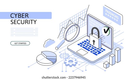 Laptop lock Isometric security Concept. Use for web page, banner, infographics. Flat illustration editable line.