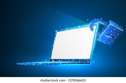 Laptop, lock, notebook symbol. White screen. Devices protection, password, privacy concept. Abstract, digital, wireframe, low poly mesh, vector neon 3d illustration. Triangles, lines, dots on blue bg