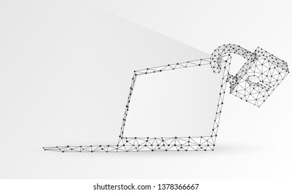 Laptop, lock, notebook symbol. White screen. Devices protection, password, privacy concept. Abstract, digital, wireframe, low poly mesh, vector origami 3d illustration. Triangles, lines, dots on white