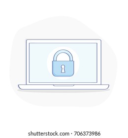Laptop with lock on the screen, concept of security, personal access, user authorization, login form icon, internet protection. Flat outline illustration concept.
