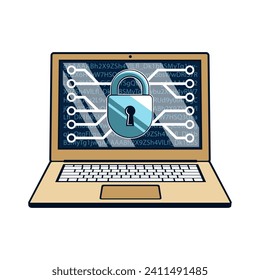 Portátil con un bloqueo en la pantalla. Seguridad criptográfica. Cifrado de seguridad. Ilustración vectorial.