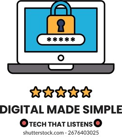 Um laptop com uma fechadura e as palavras digital simplificadas. Tecnologia que escuta