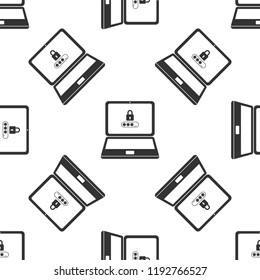 Laptop with lock and password form page on screen isolated icon seamless pattern on white background. Laptop with password security shield key field. Flat design. Vector Illustration