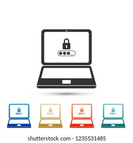 Laptop with lock and password form page on screen icon isolated on white background. Laptop with password security shield key field. Login form on a laptop. Flat design. Vector Illustration