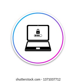 Laptop with lock and password form page on screen icon isolated on white background. Laptop with password security shield key field. Login form on a laptop. Circle white button. Vector Illustration
