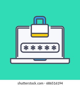 Laptop with lock and password on green background. Security and safety illustration.
