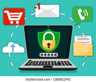 Laptop with lock and password. Protection of computer data.