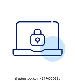 Laptop and lock. Safe computer account access. Protected use of personal electronics. Pixel perfect, editable stroke icon