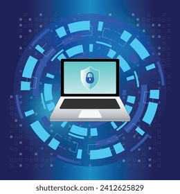 Laptop with lock and shield icon on tech circle background. Cyber security and data protection. Vector illustration outline flat design style.