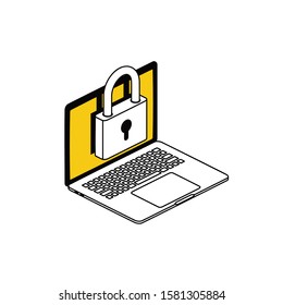 Laptop lock. Vector line, 3d stroke isometric, color web icon, new flat style. Creative illustration design, abstract idea for infographics.