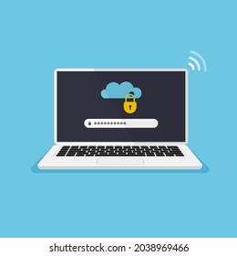 Portátil con almacenamiento en la nube bloqueado en una pantalla. Protección de archivos. Introduciendo contraseña. Concepto de seguridad de datos y privacidad en la pantalla del equipo. Información confidencial segura. Ilustración del vector