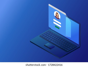 Portátil con inicio de sesión o inicio de sesión en el cuadro de formulario de pantalla. Ilustración de diseño isométrico vectorial sobre fondo azul