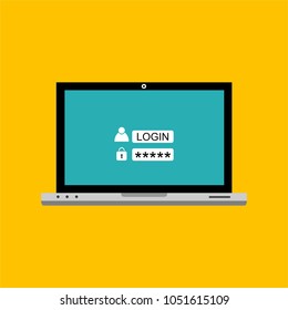 laptop with login form, flat design, vector illustration