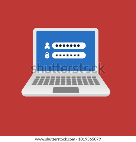 laptop with login form, flat design, vector illustration