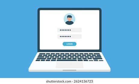 Page Ordinateur portable avec Identifiant - Illustration vectorielle à plat de l'interface utilisateur avec Nom d'utilisateur et Mot de passe. Illustration de l'interface d'authentification utilisateur sur un écran d'ordinateur. Page de connexion sécurisée