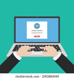 Laptop with login form page on screen. Sign in to account, user authorization, login authentication page concept. Username, password fields, sign in button. Long shadow flat design vector illustration