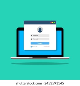 Portátil con Página de inicio de sesión en pantalla. Página del Iniciar sesión para cualquier diseño de Vector plano de aplicación en línea