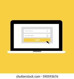 Laptop With Login Page On Screen. Enter Login And Password Concept