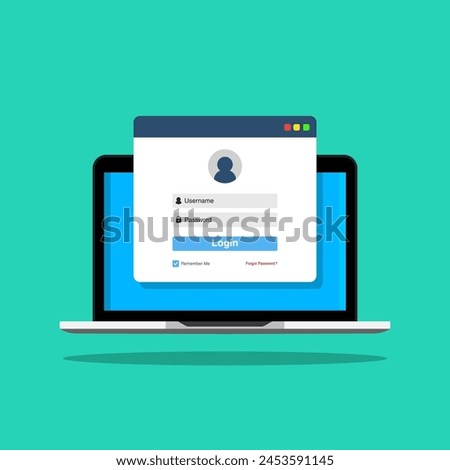 Laptop with login page on screen. Sign In page for any online application flat vector design