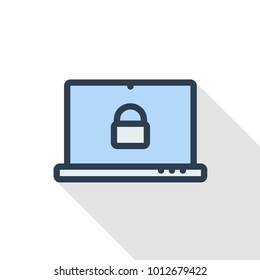 laptop login password, data secure lock, padlock thin line flat icon. Linear vector illustration. Pictogram isolated on white background. Colorful long shadow design.