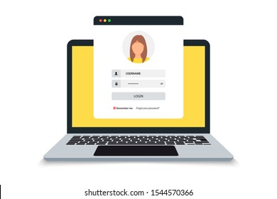 Laptop with login and password form page on screen, registration page. Sign in page, user authorization. Login authentication concept on laptop screen. Notebook and online login form. User profile