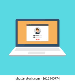 Laptop with login and password form page on screen. Sign in to account, user authorization, login authentication page concept. Username, password fields. Flat design, vector illustration on background