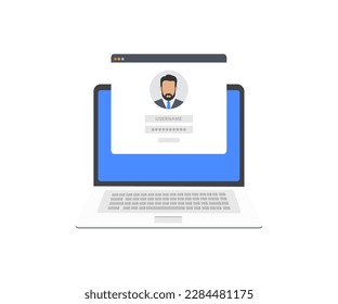 Laptop with login and password form page on screen, registration page. Sign in page, user authorization. Notebook and online login form. User profile male, man vector design and illustration.