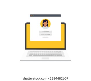 Laptop with login and password form page on screen, registration page. Sign in page, user authorization. Notebook and online login form. User profile female, woman vector design and illustration.
