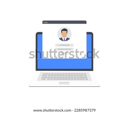 Laptop with login and password form page on screen, registration page. Sign in page, user authorization. Notebook and online login form. User profile male, man vector design and illustration.
