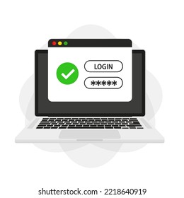 A laptop with a login and password forms a page on the screen. Account login, user authorization, page concept login authorization. Username, password fields. Vector illustration