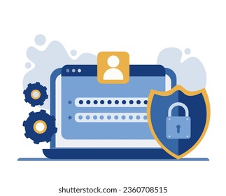 Laptop with login screen and shield with lock on it. A system that requires a password for access. Cyber security and data protection privacy. Vector illustration