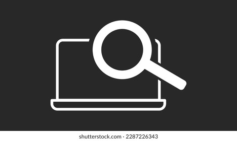 Laptop looking Icon. Vector isolated editable back and white illustration of a laptop with a magnifying glass sign