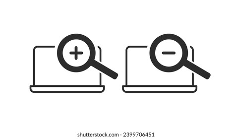 Laptop looking Icon. Vector isolated editable back and white illustration of a laptop with a magnifying glass sign