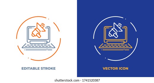 Laptop with loudspeaker line art vector icon with editable stroke. Outline symbol of advertising. Business promotion pictogram made of thin stroke. Isolated on background.