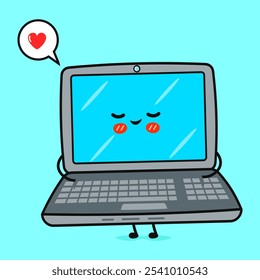 Laptop em caráter de amor. Ícone de ilustração de personagem kawaii desenhado à mão vetor. Isolado no fundo azul. Conceito de caractere de notebook