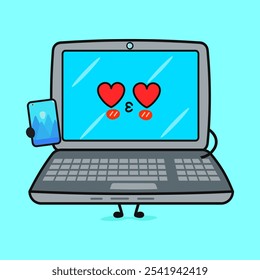 Laptop in love character. Vector hand drawn cartoon kawaii character illustration icon. Isolated on blue background. Laptop character concept