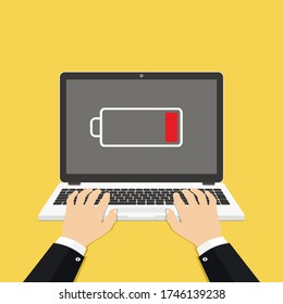 Laptop With Low Battery Sign On Screen. Hands On The Laptop. Vector Illustration.