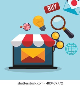 Laptop lupe bulb share and envelope icon. Email marketing message communication and media theme. Colorful design. Vector illustration